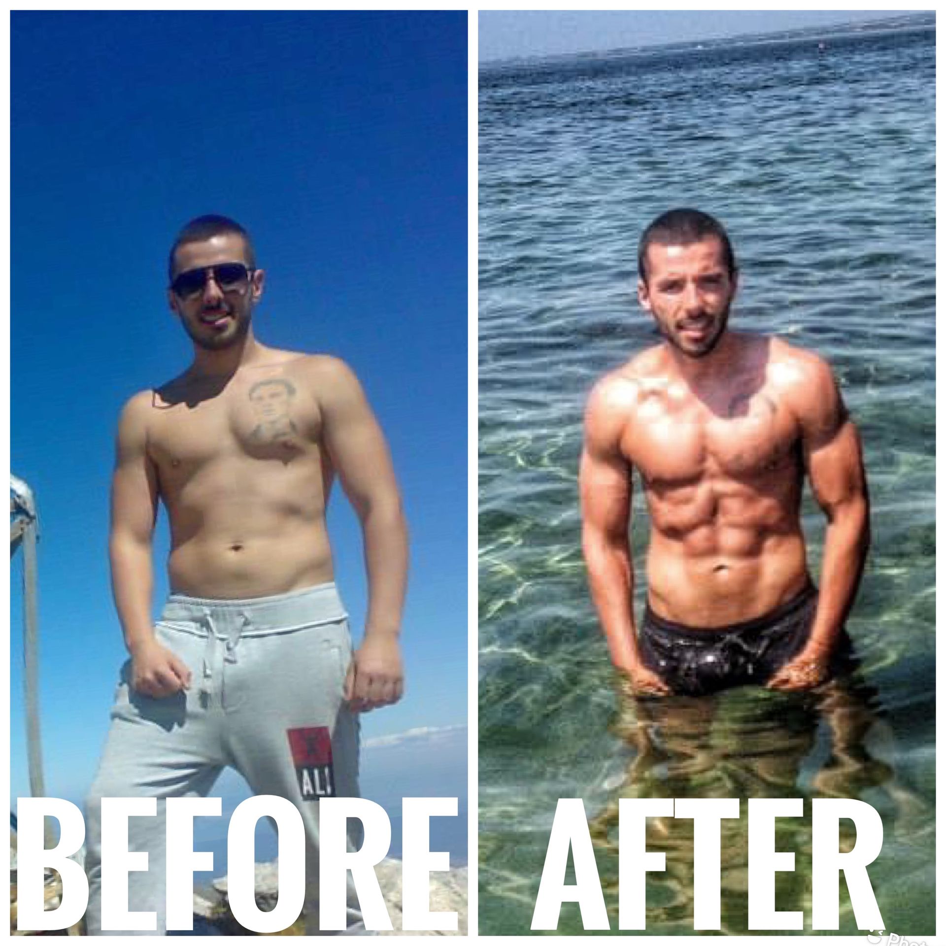 A before and after picture of a man in the water