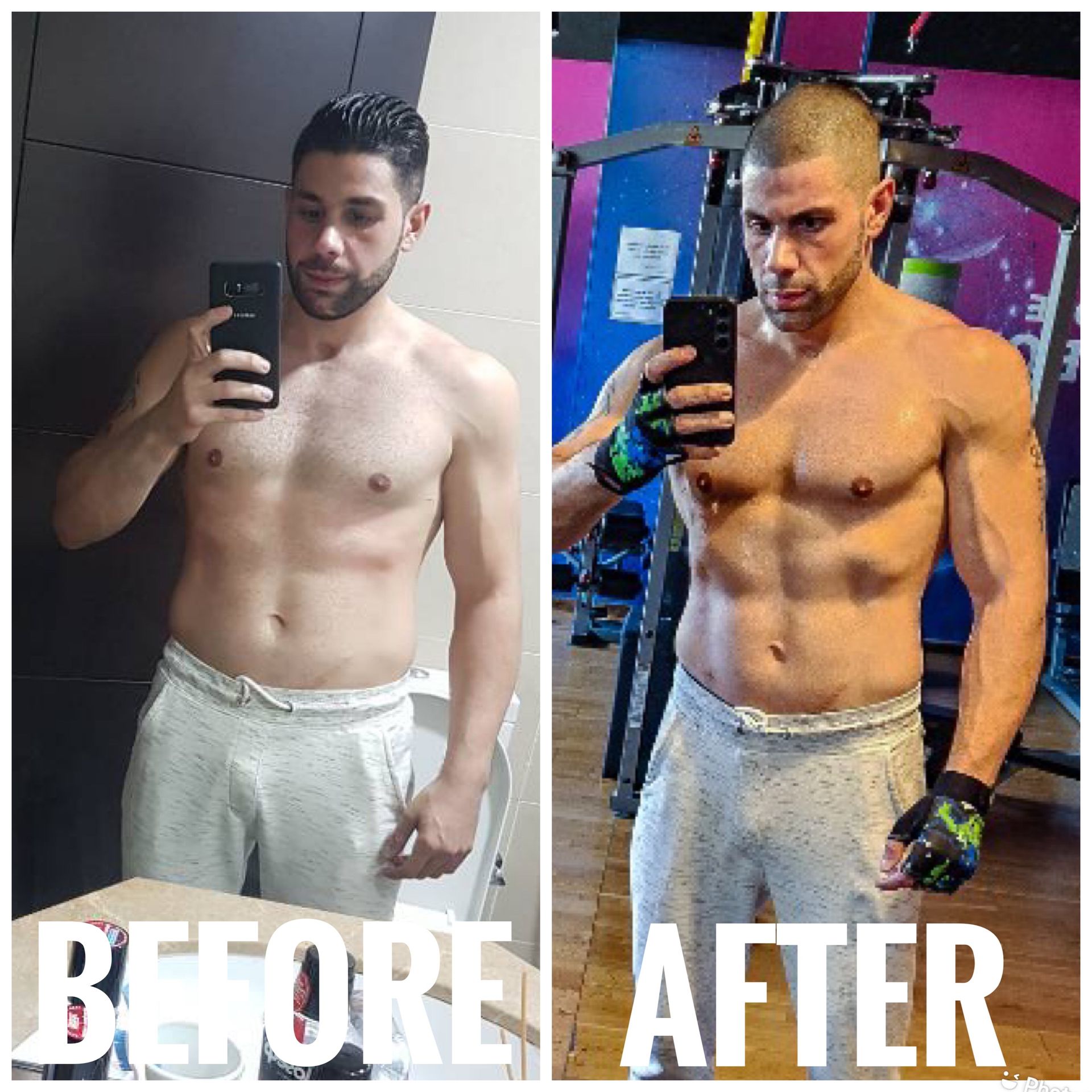 A before and after picture of a man taking a selfie in a gym.