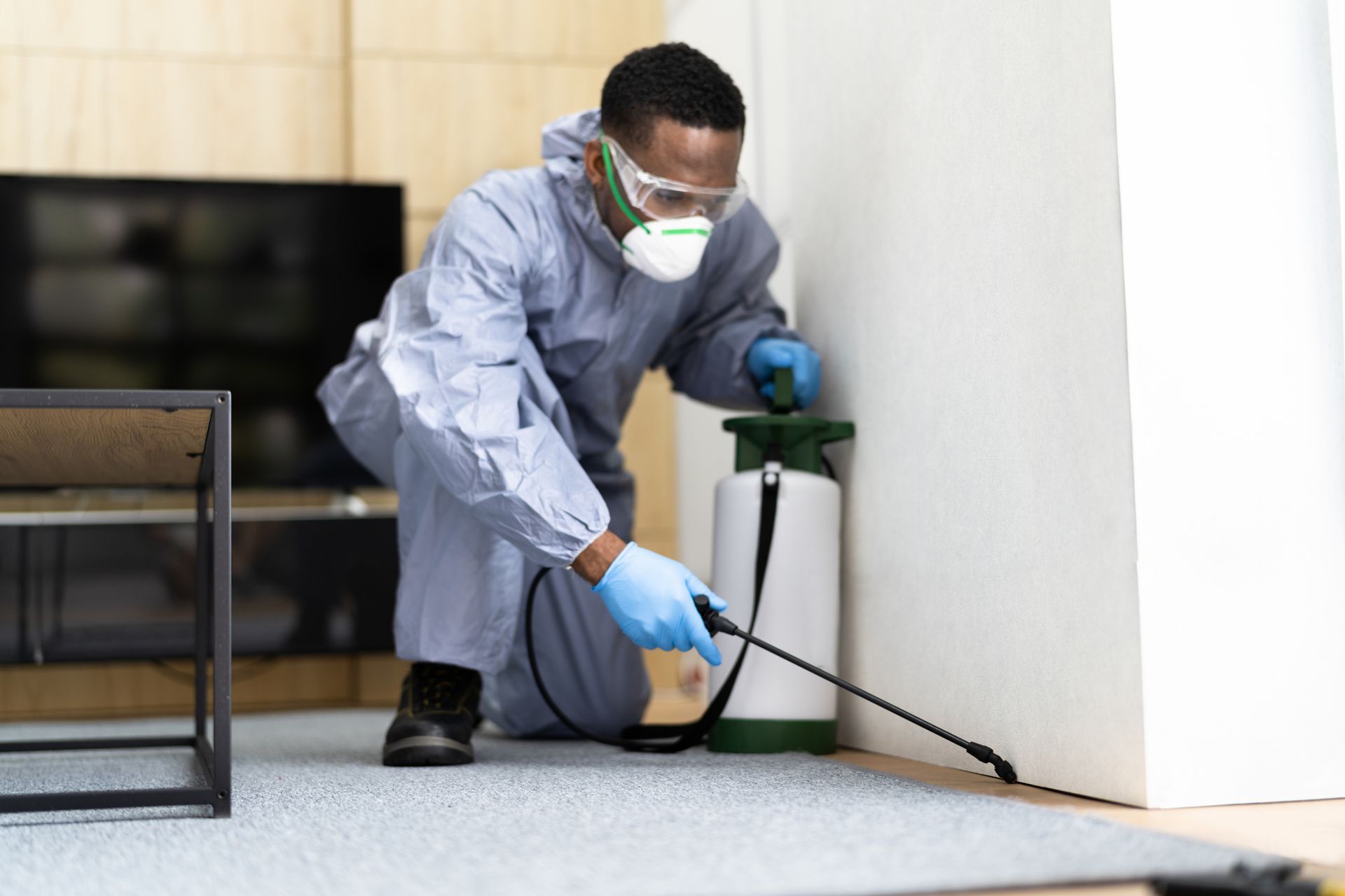 Male pest control exterminator in safety gear sprays a corner of a wooden floor with insecticide. Male pest control exterminator in safety gear sprays a corner of a wooden floor with insecticide.