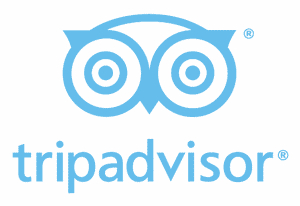A blue and white tripadvisor logo on a white background