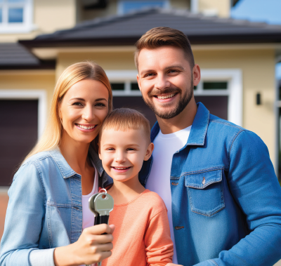 Family holding house key, smiling in front of a new home.