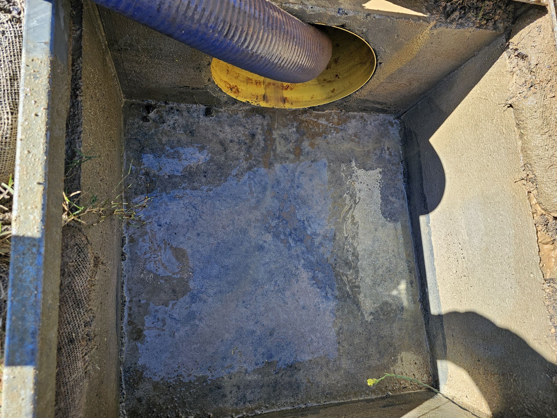 Concrete drain with a yellow hose emptying water — Pro Pipe Solutions in Queanbeyan, NSW