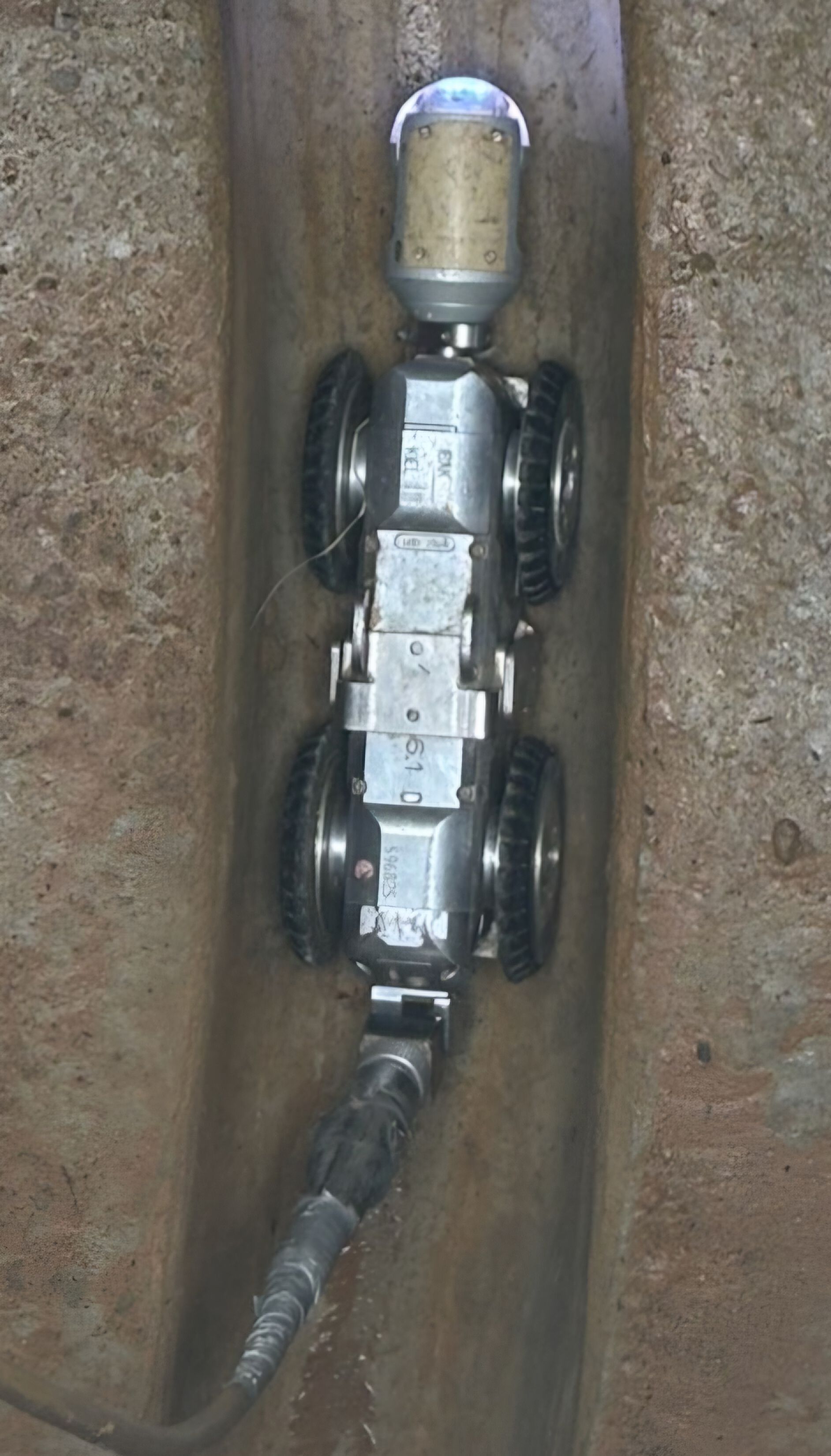 Robot with wheels inside a metal pipe, connected to a hose, with a cylindrical container on top — Pro Pipe Solutions in Queanbeyan, NSW