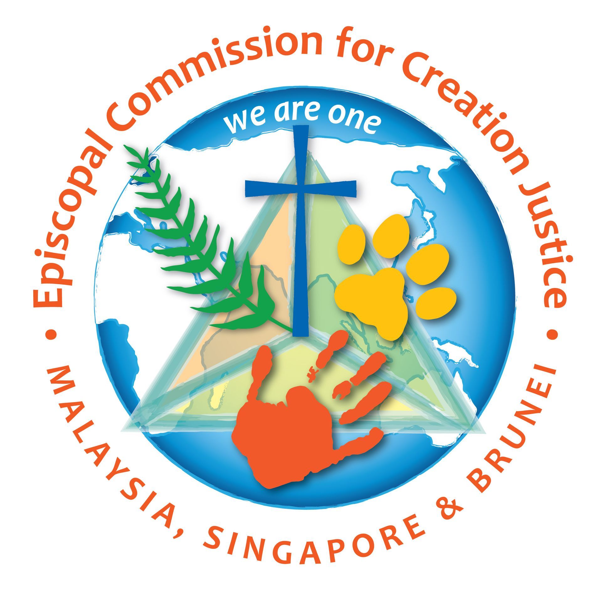 Logo: Blue globe with cross, handprint, paw print, and text