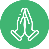 Praying hands in white on a green circle.