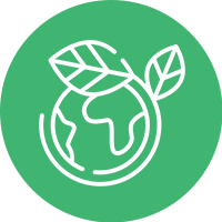 White outline of Earth with leaves, set in a green circle, representing environmental sustainability.