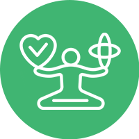 Person meditating, balancing a heart with a checkmark and a symbol, within a green circle.