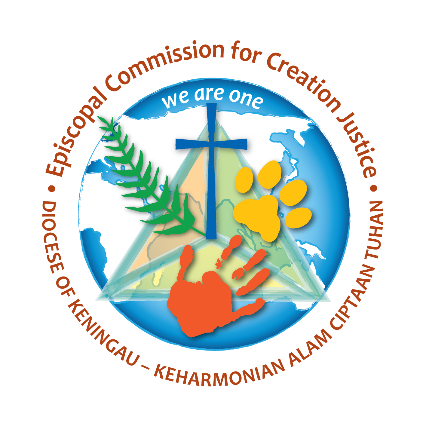 Logo: blue globe, cross, handprint, paw print, and text