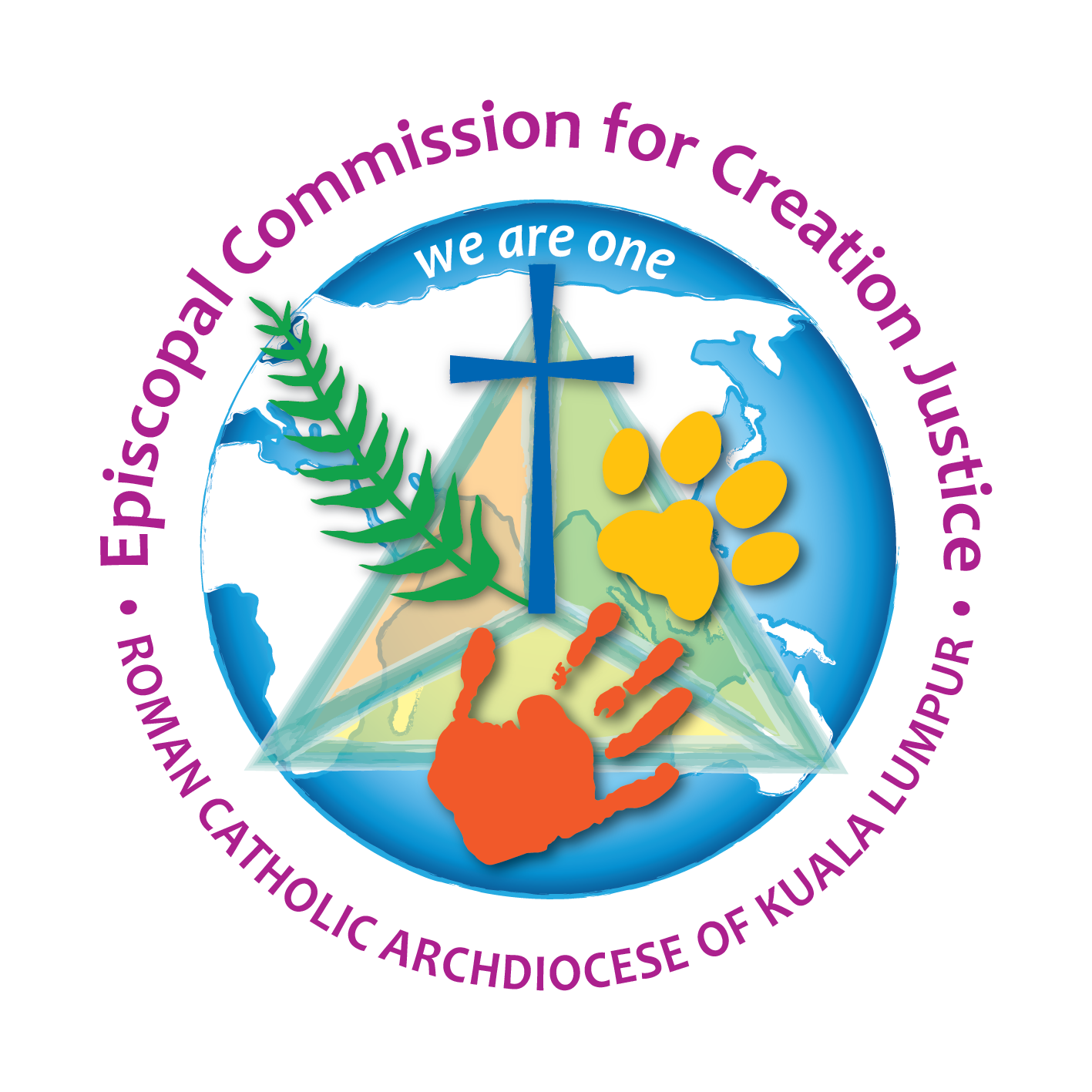 Episcopal Commission for Creation Justice logo: globe, cross, handprint, paw, fern, triangle, text.