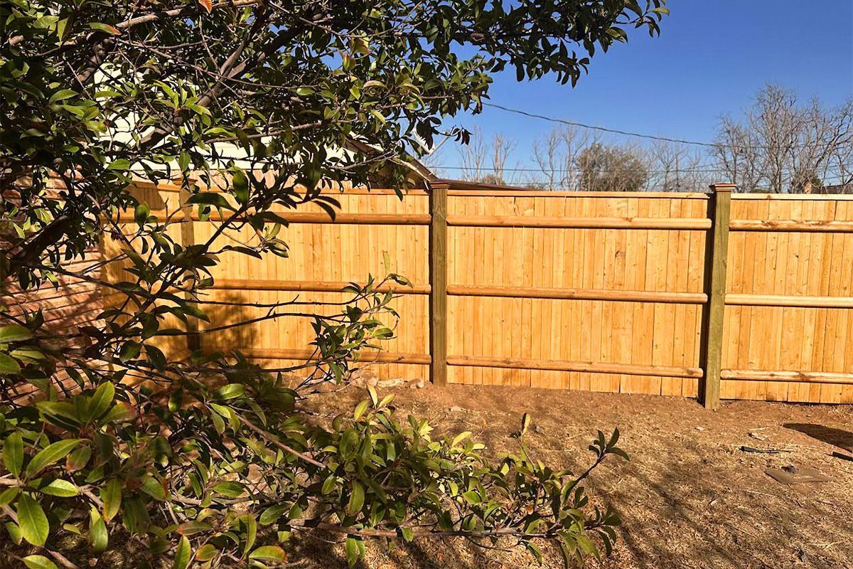A wooden fence is surrounded by trees in a backyard.