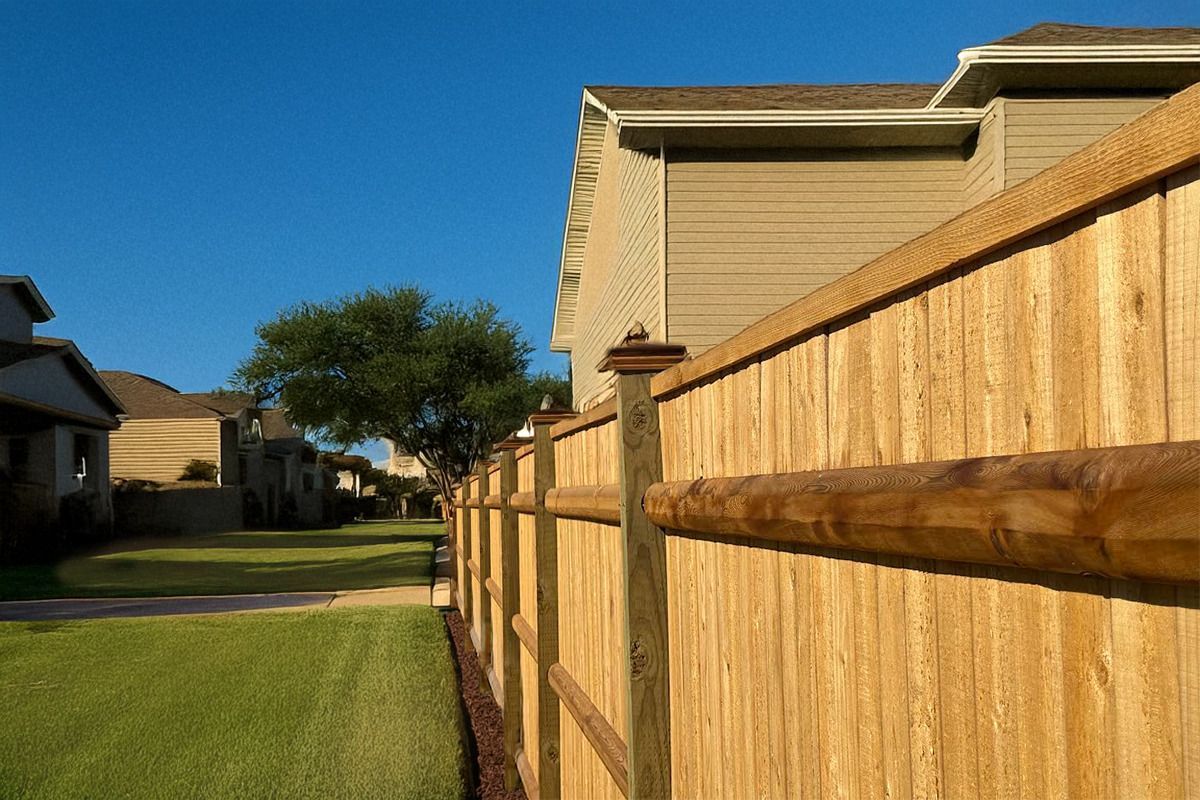 A wooden fence with a house in the background