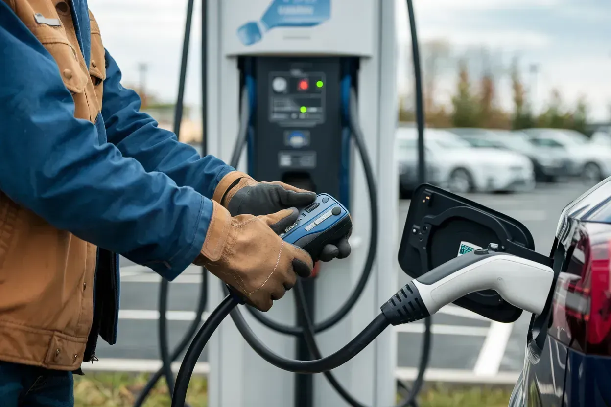 Person charging a white electric car at a public EV station