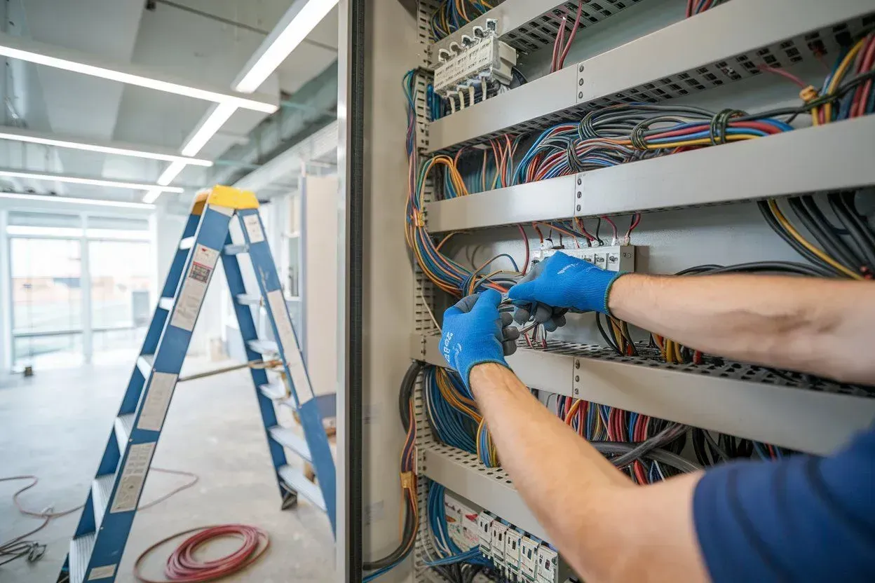 Technician wiring an electrical panel beside a blue ladder in a bright industrial room