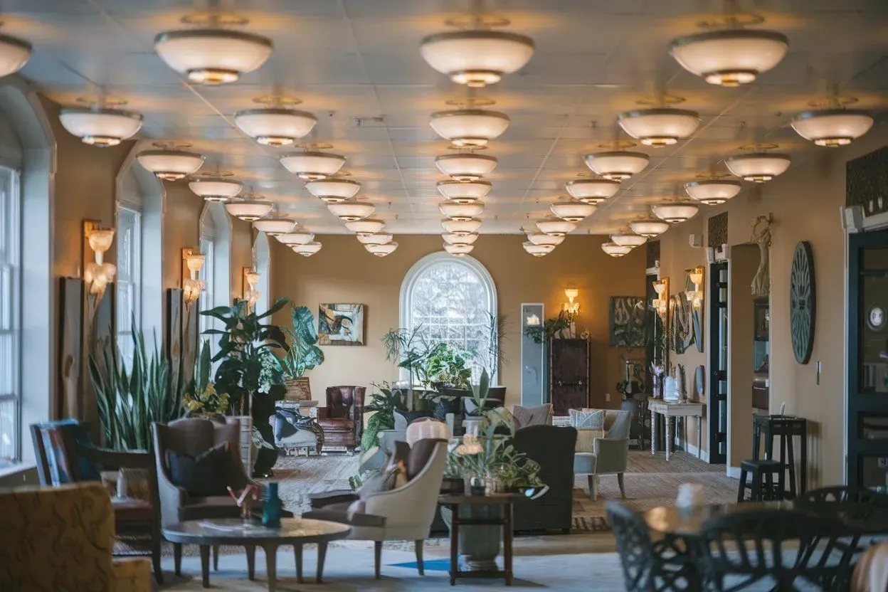 Elegant hotel lobby with warm ceiling lights, potted plants, and seating arranged around a central arched window.