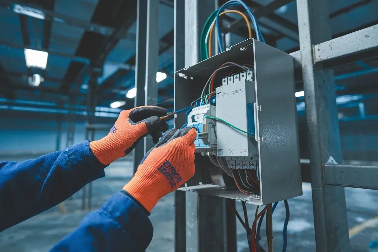 Technician in orange gloves wiring an electrical control panel in an industrial setting