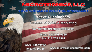 A business card for microtronics llc shows an eagle in front of an american flag