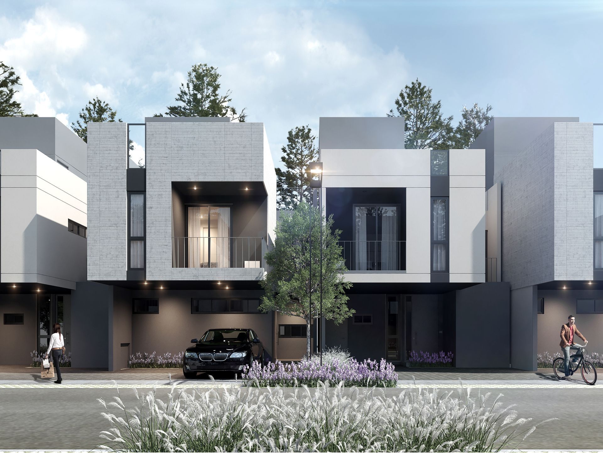 Una impresión artística de una hilera de casas.