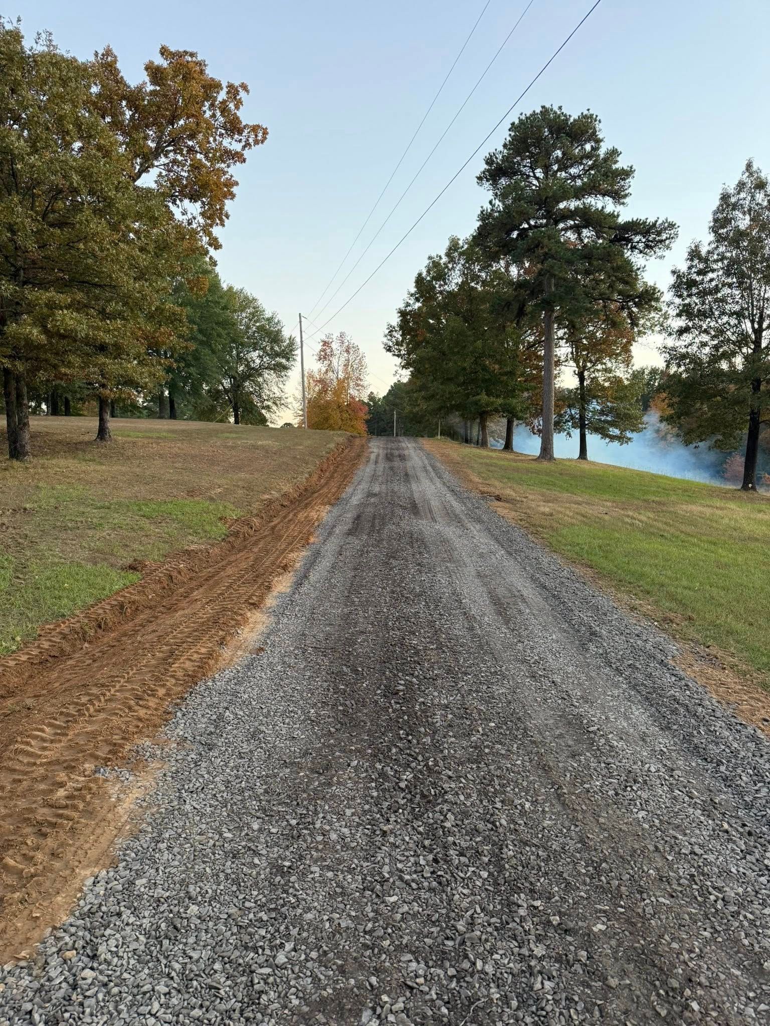 A gravel driveway leads uphill between rows of trees on a clear day with a patch of disturbed earth along the left edge.