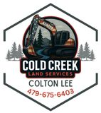 Logo for Cold Creek Land Services, featuring a Kubota excavator, forest, and contact info for Colton Lee: 479-675-6403.