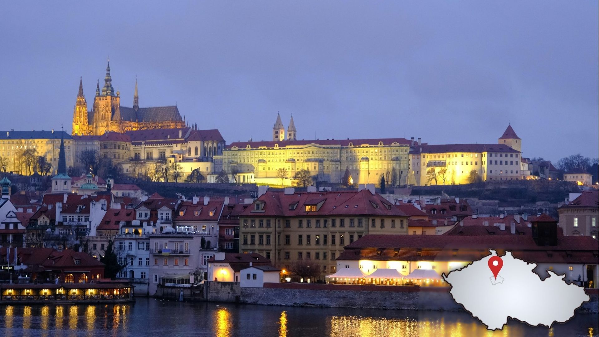 Prague skyline with Prague Castle, Charles Bridge and Vltava river at sunset