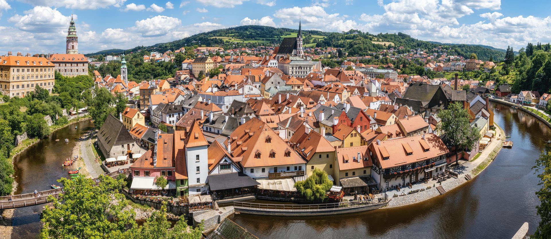 Cesky Krumlov castle and historic old town with Vltava river meander, UNESCO heritage site in Czech 