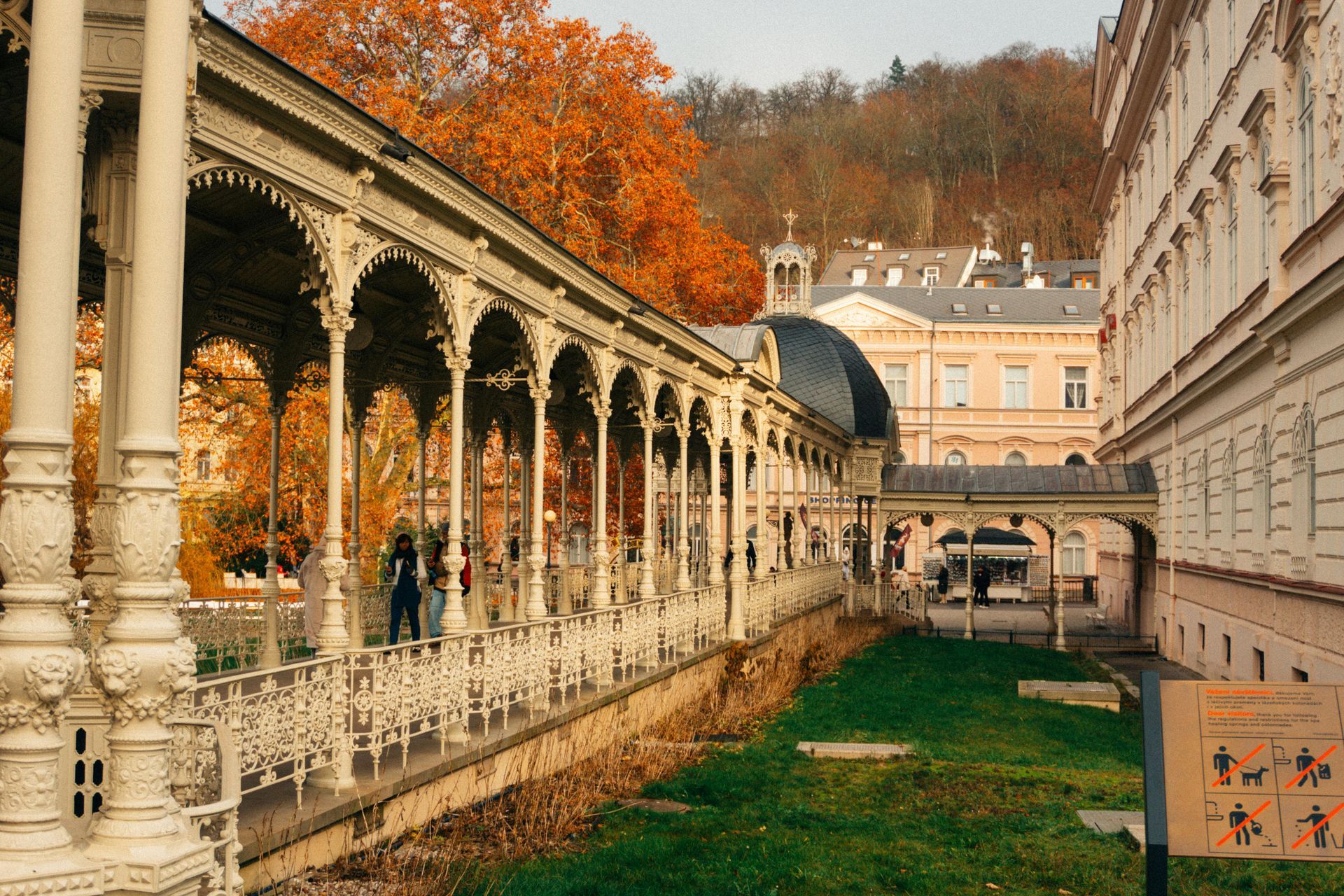 Carlsbad Karlovy Vary colonnade with colorful spa buildings and thermal springs in historic Czech sp
