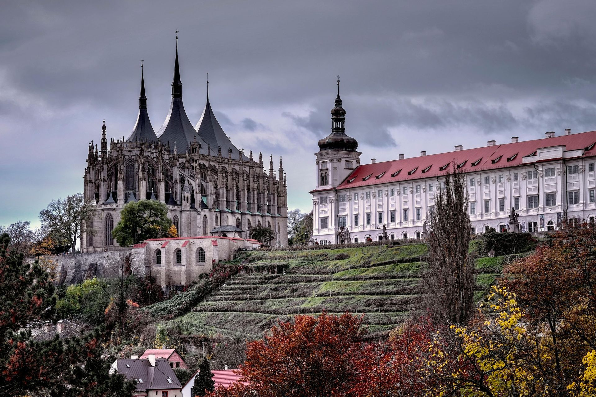 St Barbara Cathedral and historic center of Kutná Hora with terraced landscape, UNESCO town in Czech