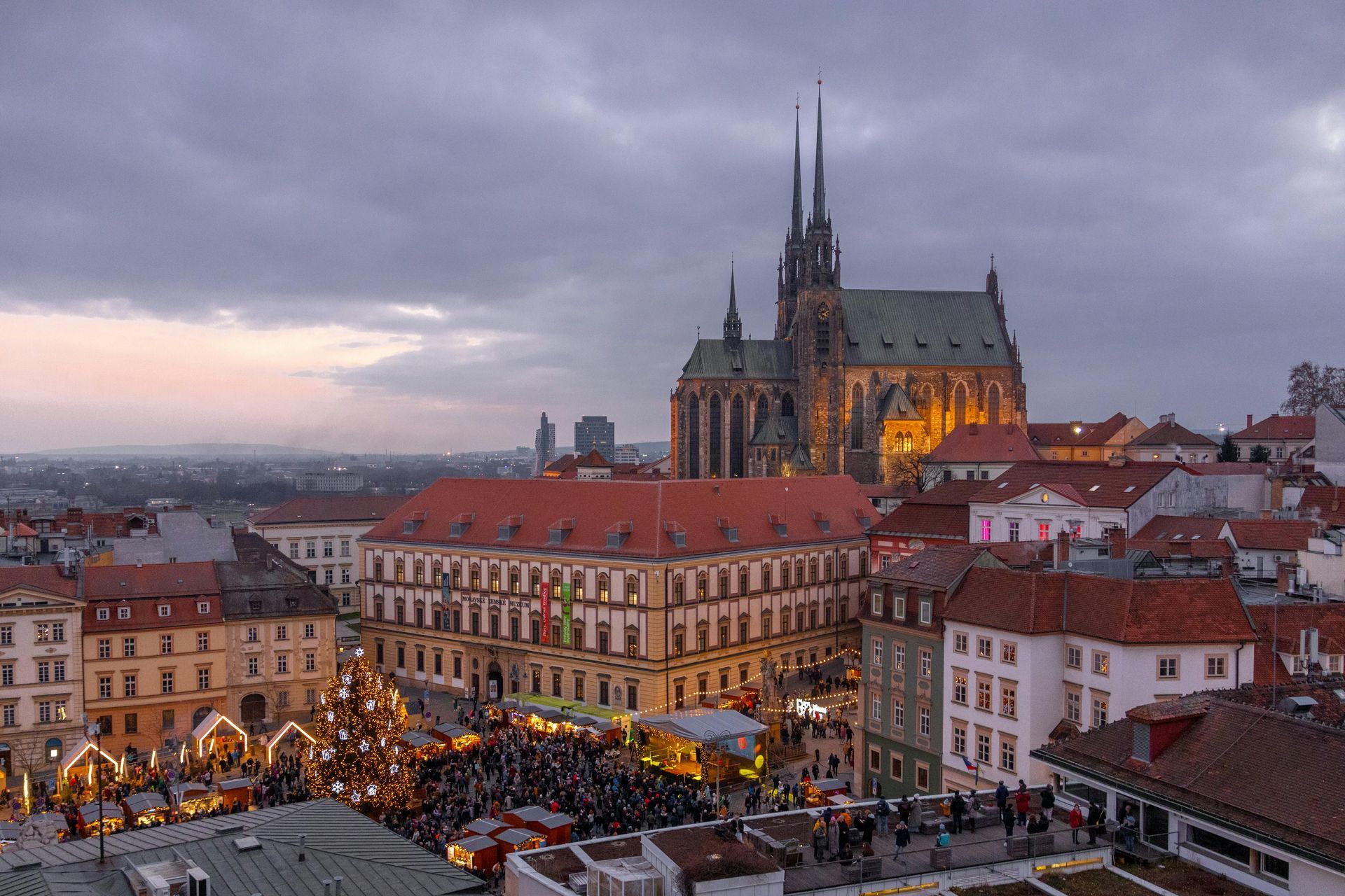 Brno city skyline with Cathedral of St. Peter and Paul on Petrov hill at sunset, Czech Republic