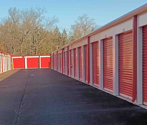 Exterior view of Bloomington IN self storage facility with drive-up access storage units