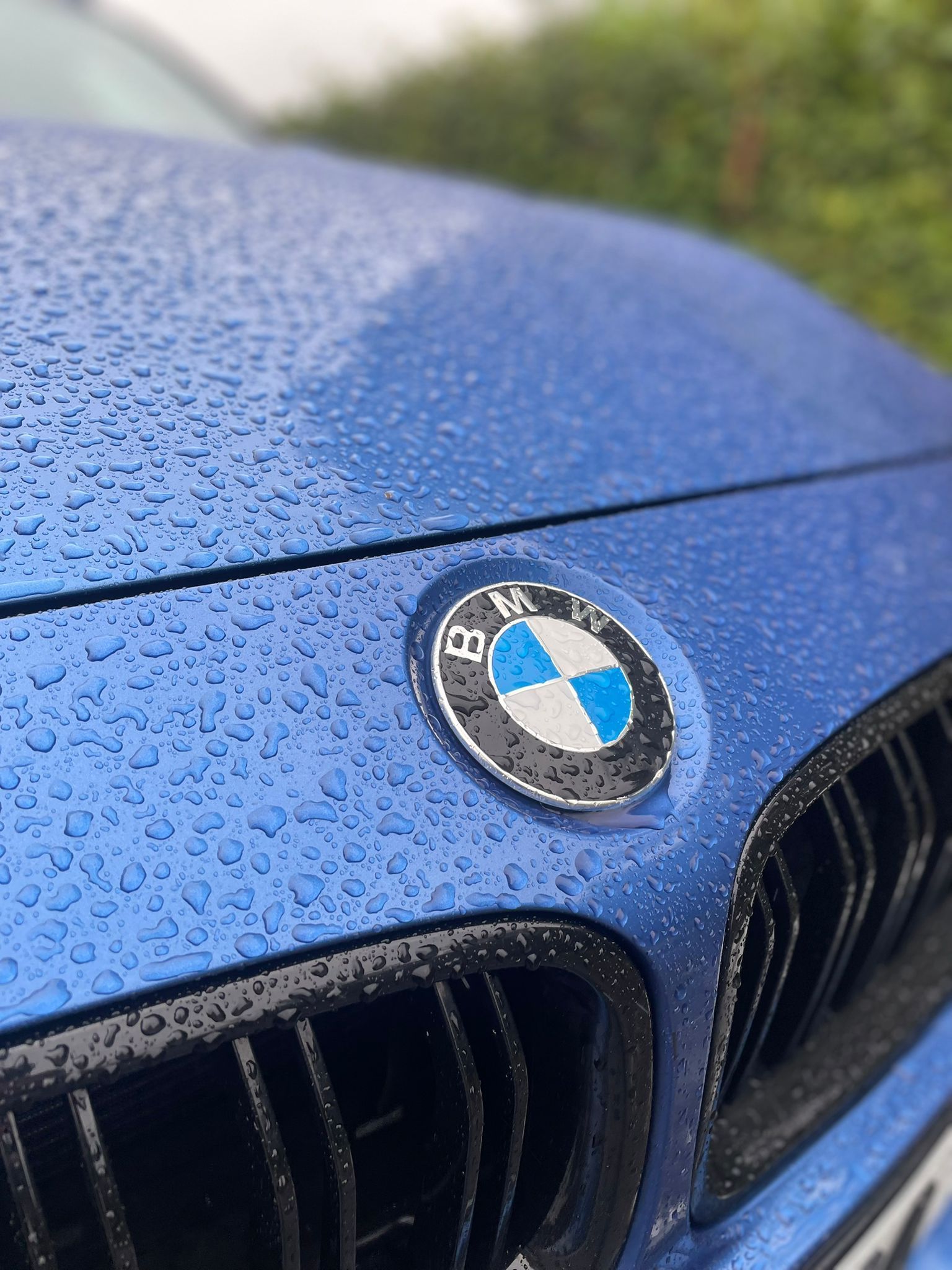 Blue BMW car hood with logo, covered in water droplets. Black grill visible.