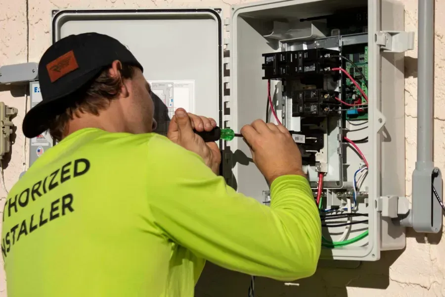 A technician in a neon yellow shirt works on an open electrical box attached to a wall, using a screwdriver.