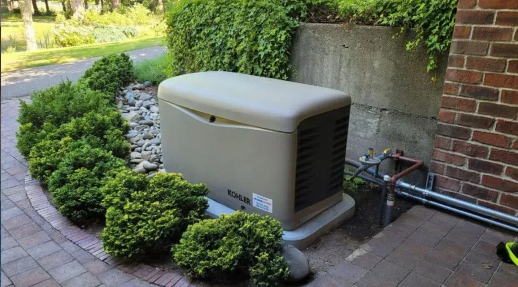 A tan backup generator sits on a concrete base next to a brick wall and a landscaped garden bed with green shrubs.