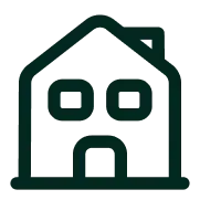 Dark green icon of a house with two windows and a centered door.