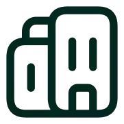 Dark green, flat-style icon of two adjacent buildings with rounded corners, representing an office or corporate building.