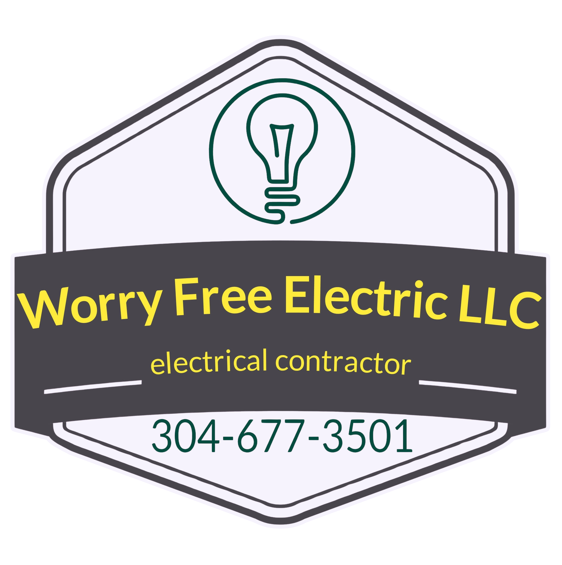 Logo for Worry Free Electric LLC featuring a lightbulb icon, company name, "electrical contractor" text, and 304-677-3501.