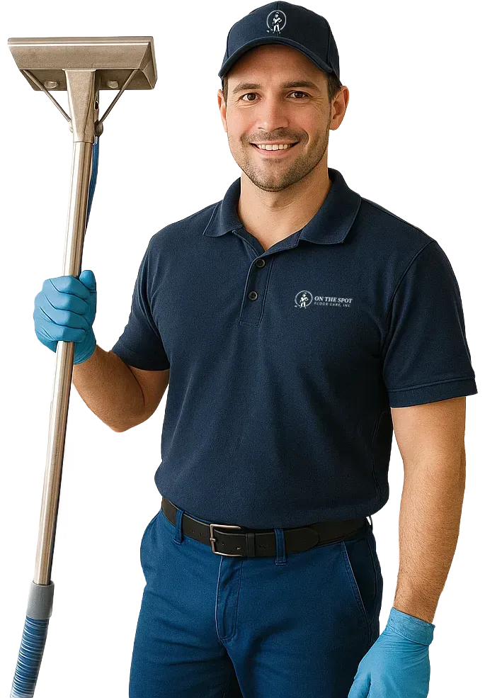 A professional cleaner in a blue polo and cap holding a carpet cleaning wand, smiling at the camera.