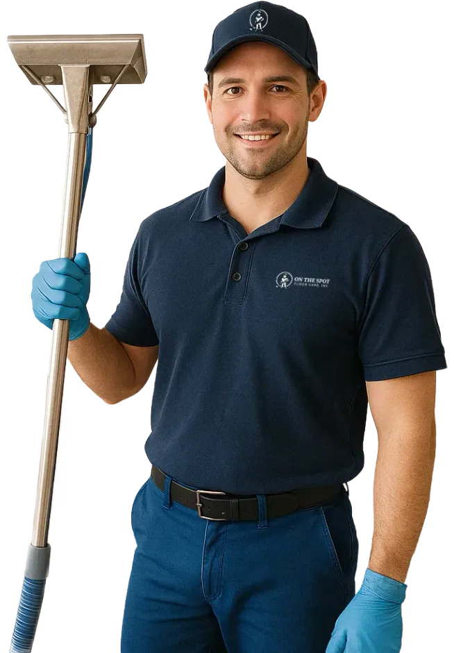 A professional cleaner in a blue polo and cap holding a carpet cleaning wand, smiling at the camera.