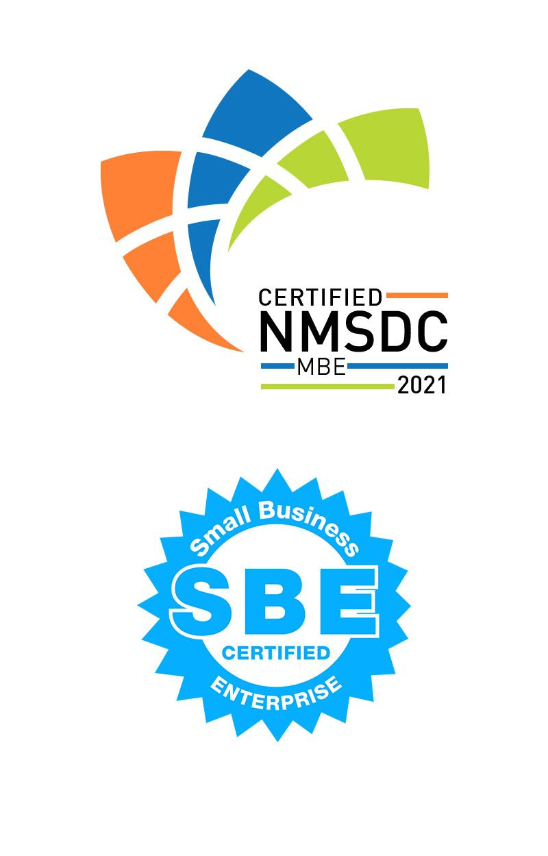 Logos for HUB, NMSDC certified, and SBE certified business.