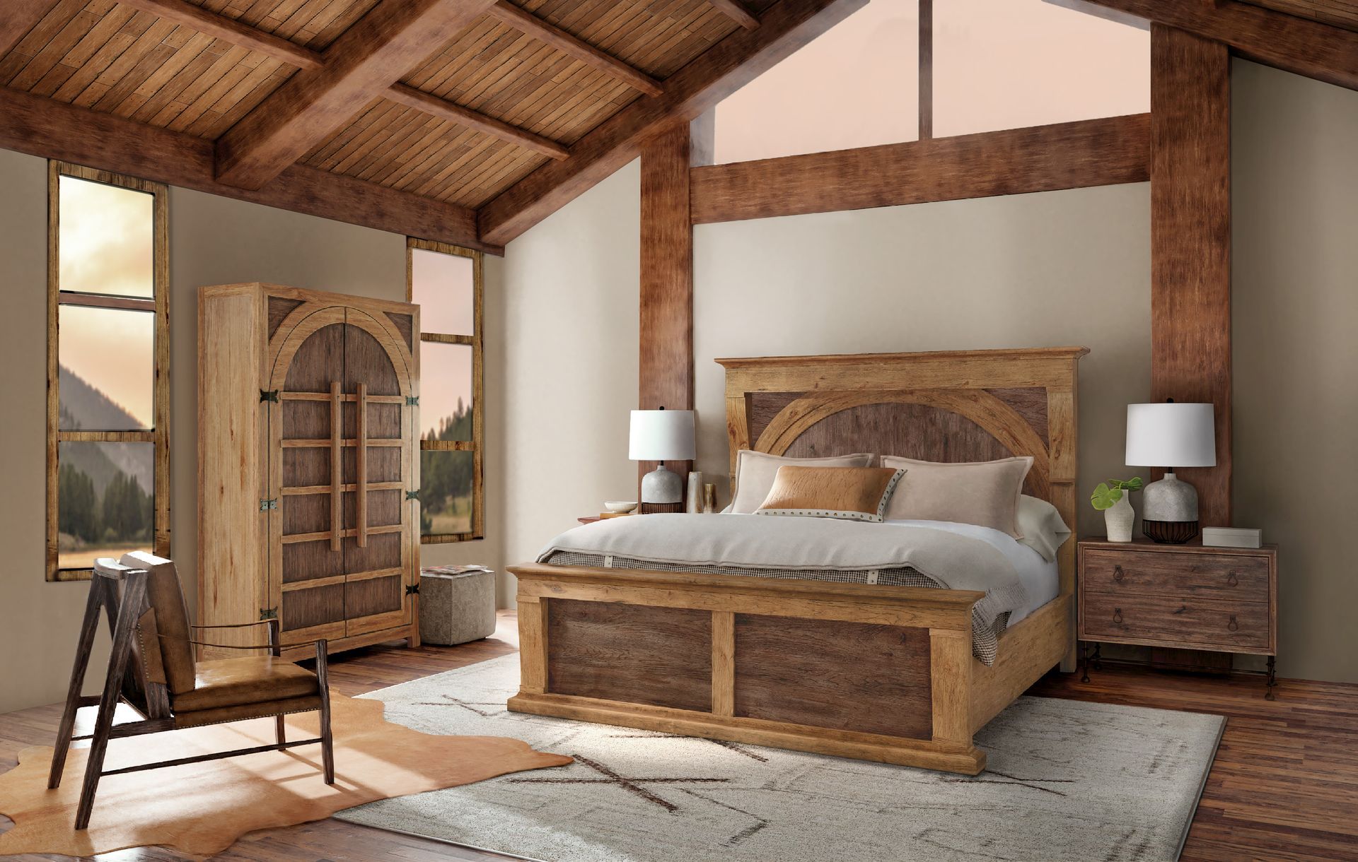 A bedroom with a bed , nightstand , and wardrobe.
