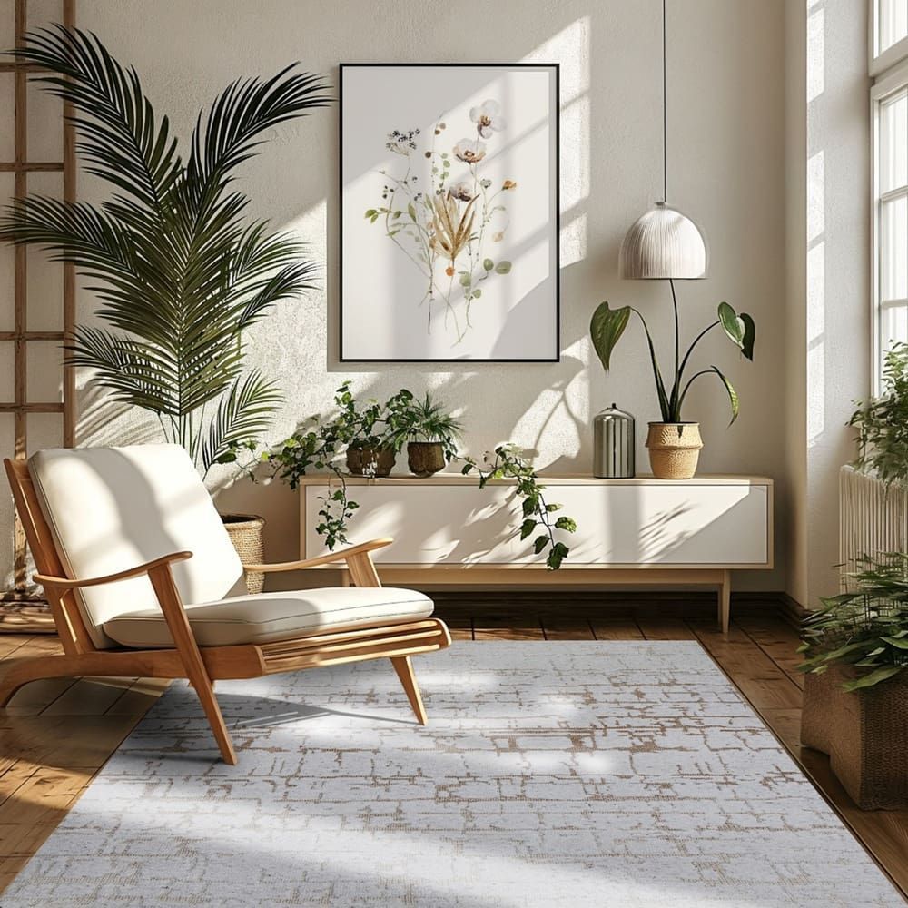 A living room with a chair , rug , plants and a picture on the wall.