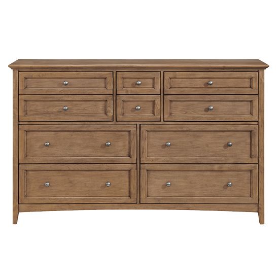 A wooden dresser with lots of drawers on a white background