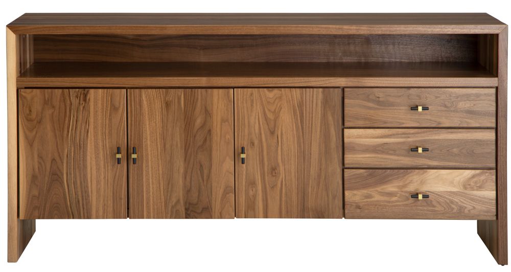 A wooden cabinet with drawers and doors on a white background