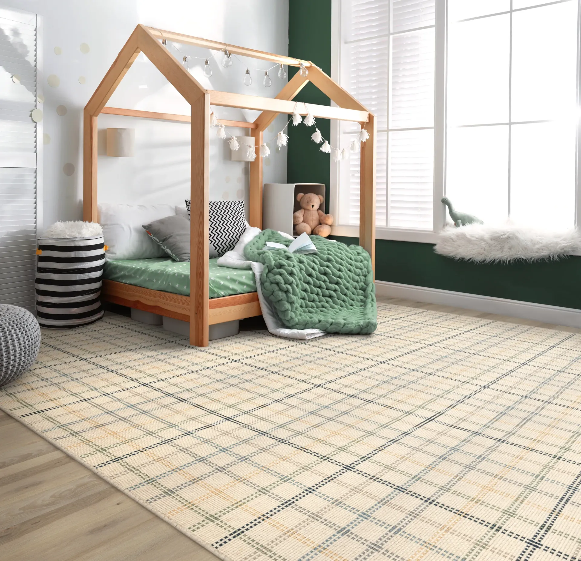 A bedroom with a bed in the shape of a house and a rug.