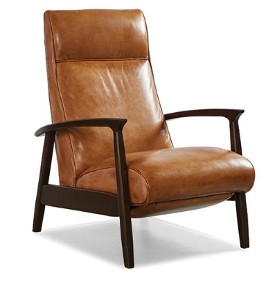 A brown leather chair with wooden arm rests on a white background