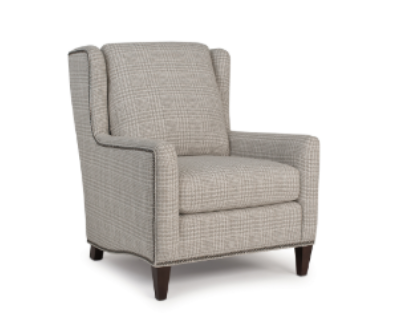 A grey chair with wooden legs on a white background.