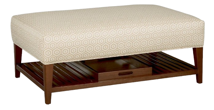 An ottoman with a tray underneath it on a white background.