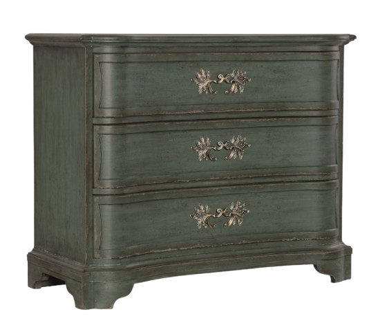 A small green dresser with three drawers on a white background.