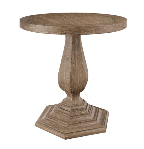 A round wooden table with a hexagonal base on a white background