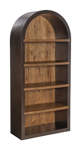 A wooden bookshelf with a curved top on a white background.