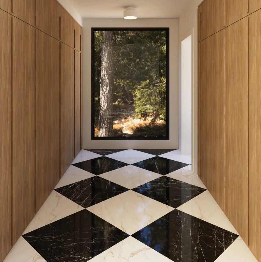 A hallway with a checkered floor and a window